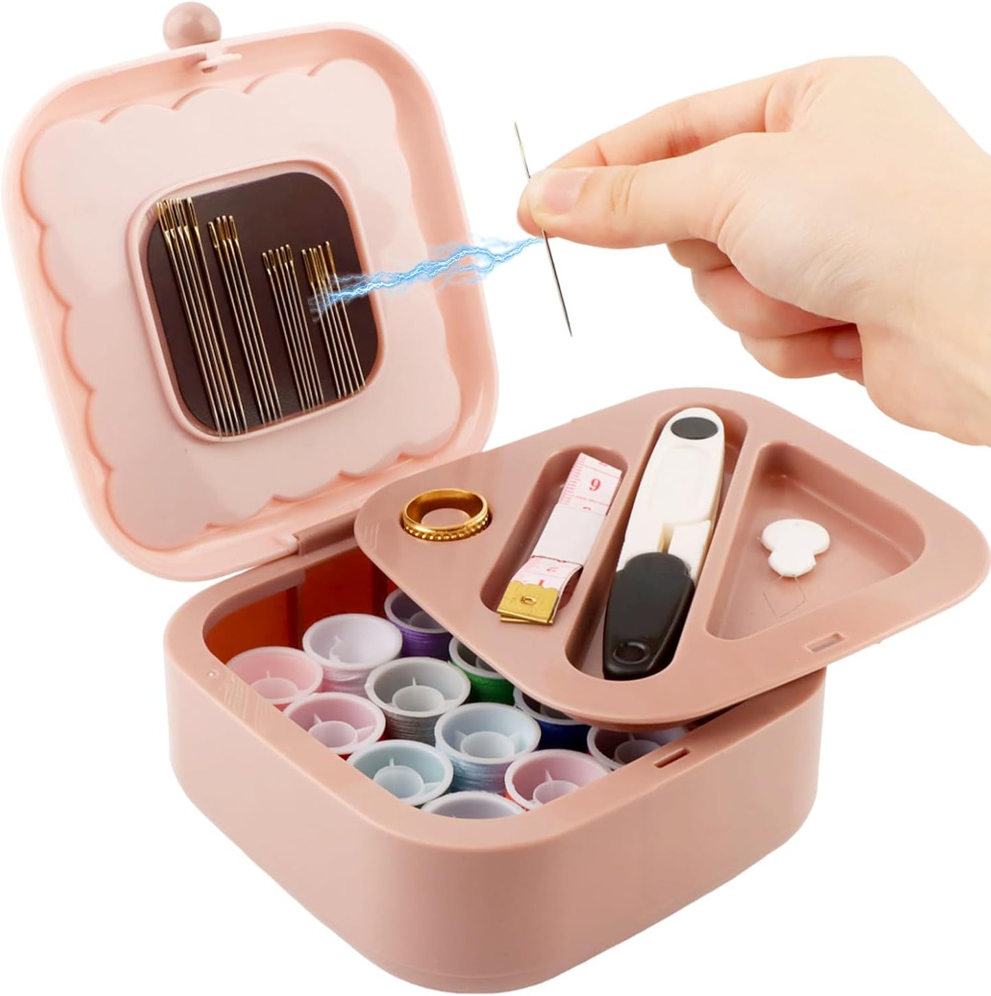 Small Sewing Kit Box, Double Layer Organizer Magnetic Needle and Thread Kits Holder, Portable Mini Sewing Box with Cute Cookie Design for Dorm, Home, Office & Travel RV(Pink)