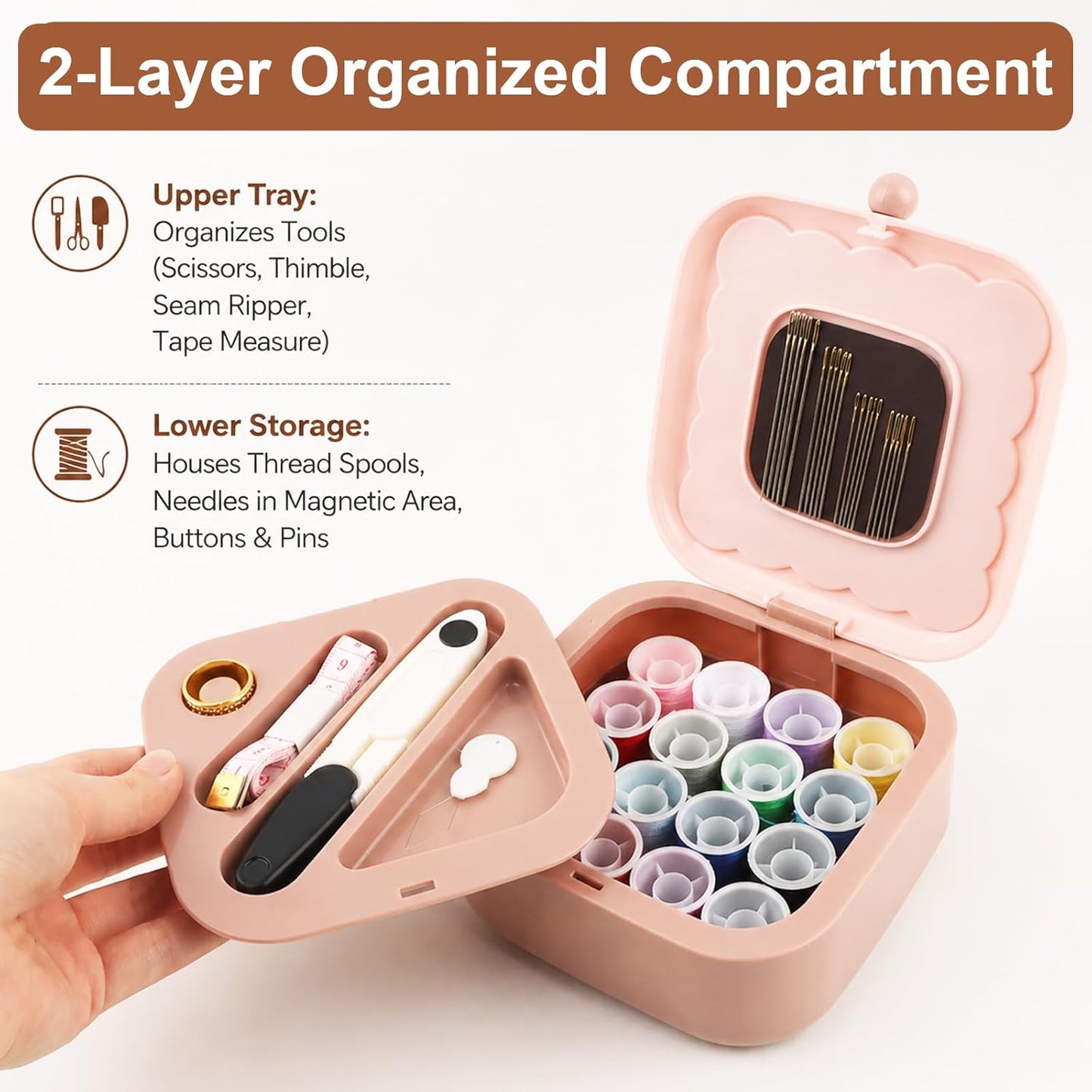 Small Sewing Kit Box, Double Layer Organizer Magnetic Needle and Thread Kits Holder, Portable Mini Sewing Box with Cute Cookie Design for Dorm, Home, Office & Travel RV(Pink)
