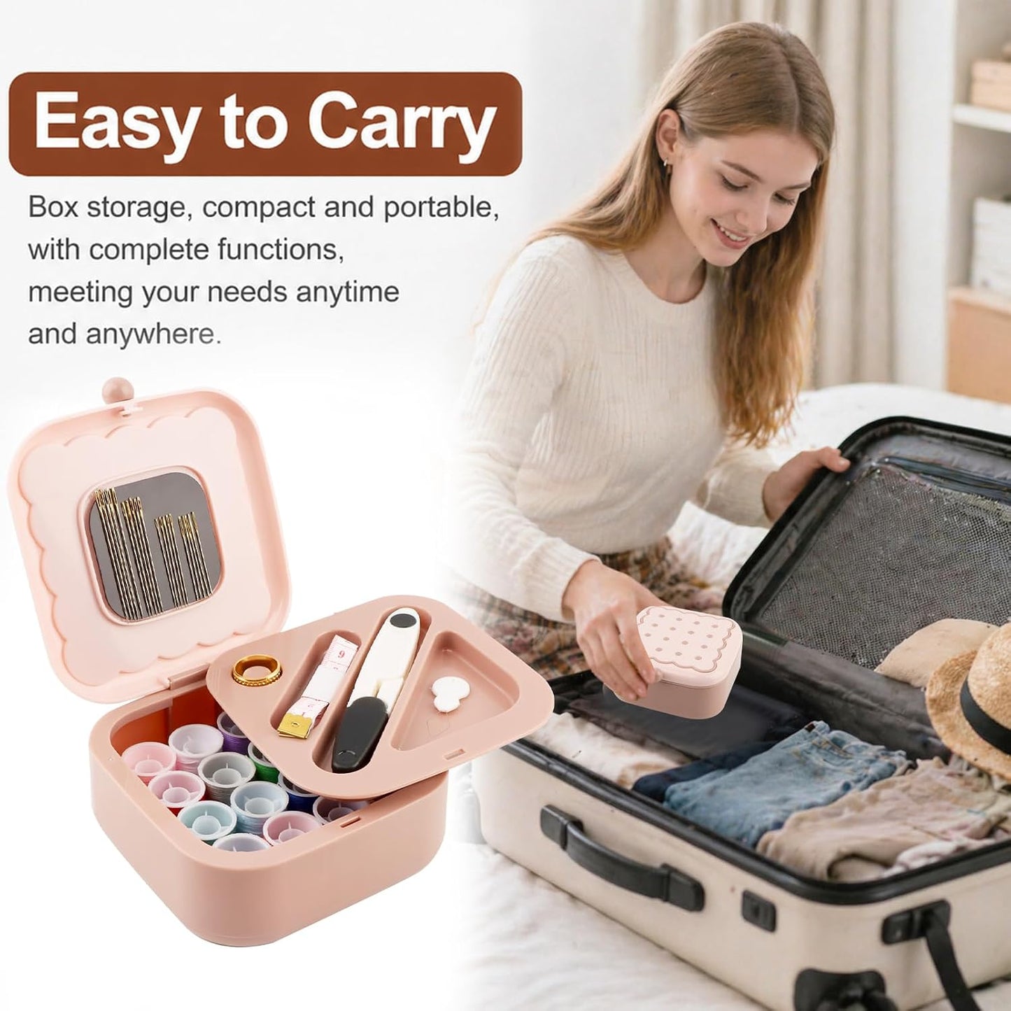 Small Sewing Kit Box, Double Layer Organizer Magnetic Needle and Thread Kits Holder, Portable Mini Sewing Box with Cute Cookie Design for Dorm, Home, Office & Travel RV(Pink)