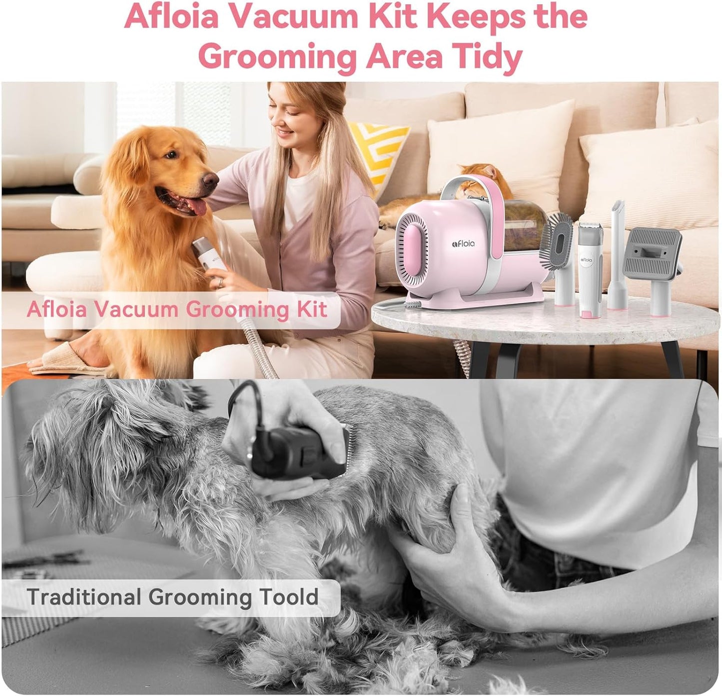 6-in-1 Dog Grooming Kit, Pet Grooming Vacuum for Shedding, Dog Hair Vacuum with Clipper Nail Trimmer Grinder, Pet Brush Groomer at Home, Low Noise Cats Hair Remover, 1.5L Dust Cup, Pink