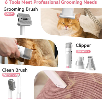 6-in-1 Dog Grooming Kit, Pet Grooming Vacuum for Shedding, Dog Hair Vacuum with Clipper Nail Trimmer Grinder, Pet Brush Groomer at Home, Low Noise Cats Hair Remover, 1.5L Dust Cup, Pink