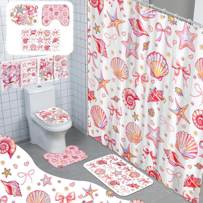 8 Pcs Beach Shower Curtain Set Blue Bow Ocean Summer Beach Party Bathroom Accessories Sets Coquette Starfish Coastal Waterproof Shower Curtain with Towels Carpet Bath Mat Toilet Rugs 12 Hooks