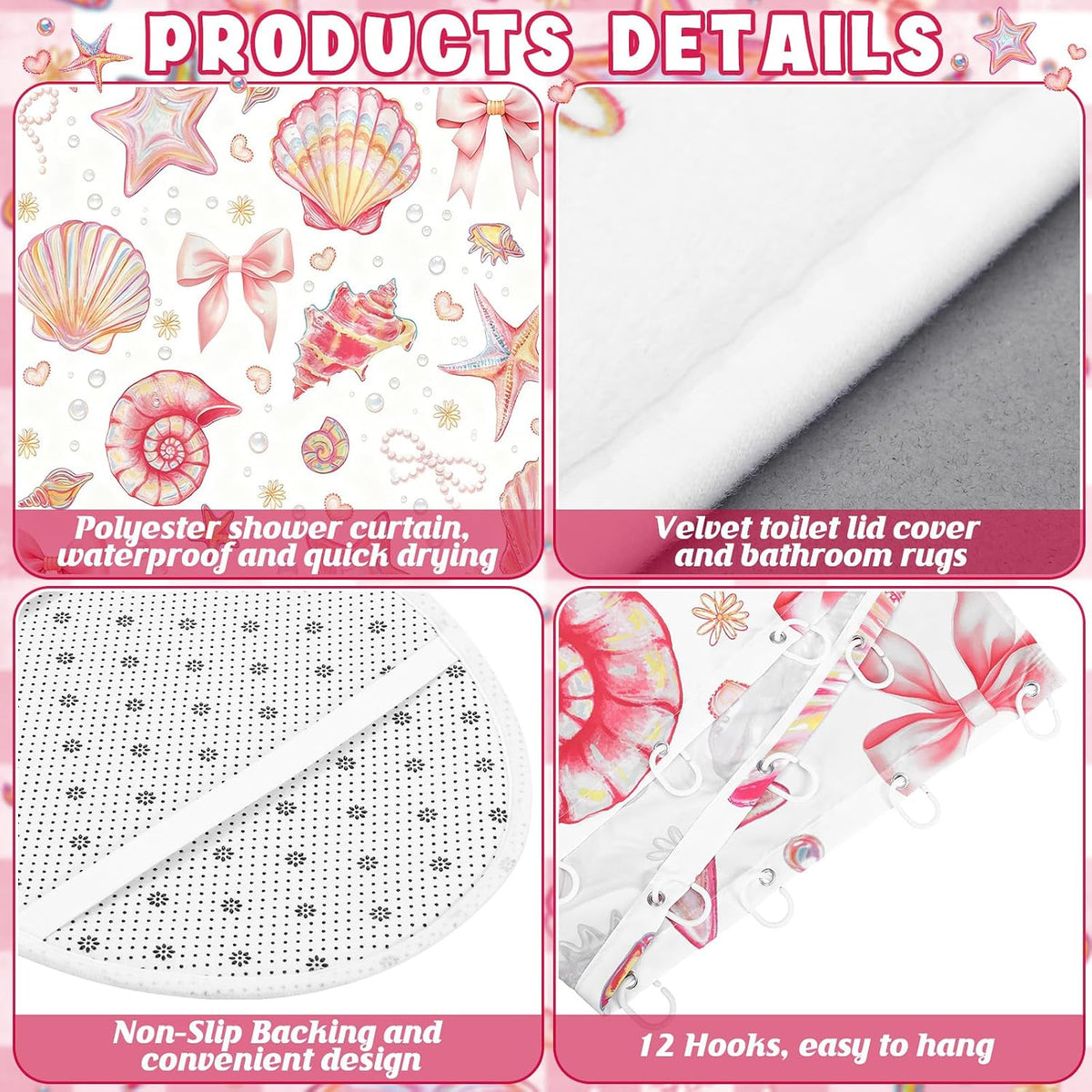 8 Pcs Beach Shower Curtain Set Blue Bow Ocean Summer Beach Party Bathroom Accessories Sets Coquette Starfish Coastal Waterproof Shower Curtain with Towels Carpet Bath Mat Toilet Rugs 12 Hooks
