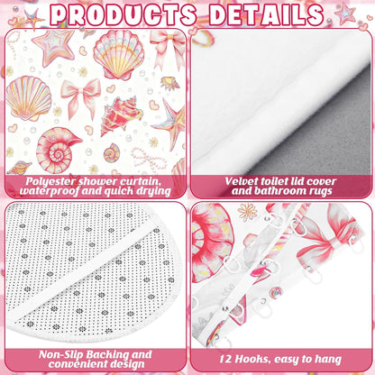 8 Pcs Beach Shower Curtain Set Blue Bow Ocean Summer Beach Party Bathroom Accessories Sets Coquette Starfish Coastal Waterproof Shower Curtain with Towels Carpet Bath Mat Toilet Rugs 12 Hooks