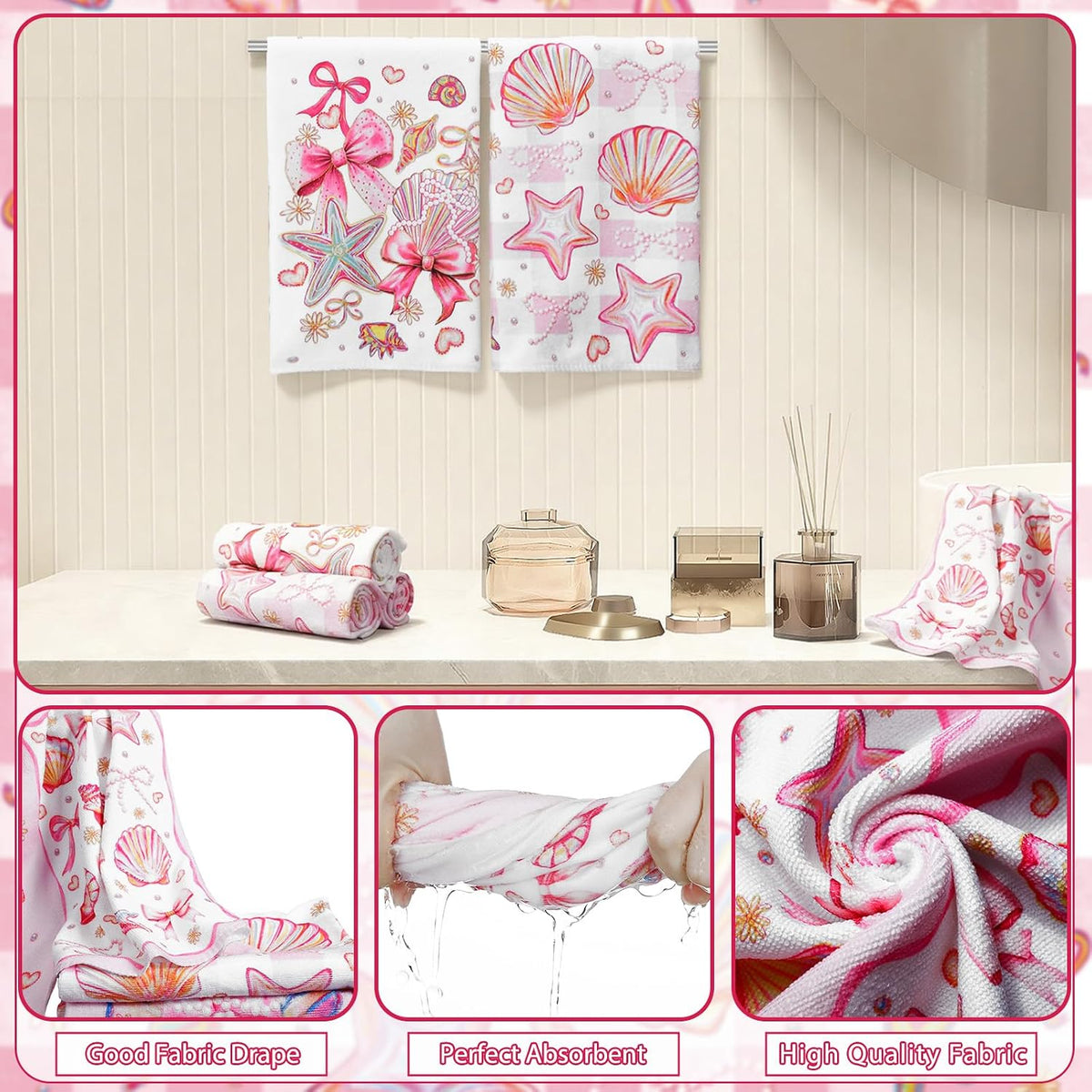 8 Pcs Beach Shower Curtain Set Blue Bow Ocean Summer Beach Party Bathroom Accessories Sets Coquette Starfish Coastal Waterproof Shower Curtain with Towels Carpet Bath Mat Toilet Rugs 12 Hooks
