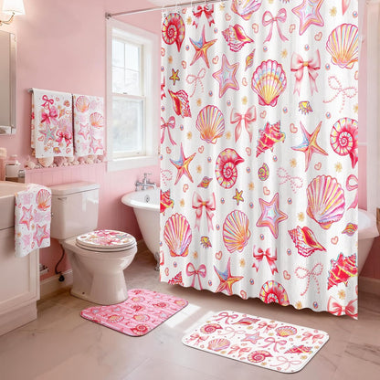 8 Pcs Beach Shower Curtain Set Blue Bow Ocean Summer Beach Party Bathroom Accessories Sets Coquette Starfish Coastal Waterproof Shower Curtain with Towels Carpet Bath Mat Toilet Rugs 12 Hooks