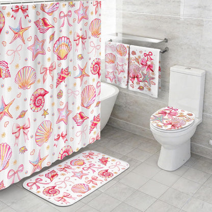 8 Pcs Beach Shower Curtain Set Blue Bow Ocean Summer Beach Party Bathroom Accessories Sets Coquette Starfish Coastal Waterproof Shower Curtain with Towels Carpet Bath Mat Toilet Rugs 12 Hooks