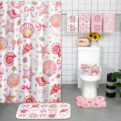 8 Pcs Beach Shower Curtain Set Blue Bow Ocean Summer Beach Party Bathroom Accessories Sets Coquette Starfish Coastal Waterproof Shower Curtain with Towels Carpet Bath Mat Toilet Rugs 12 Hooks