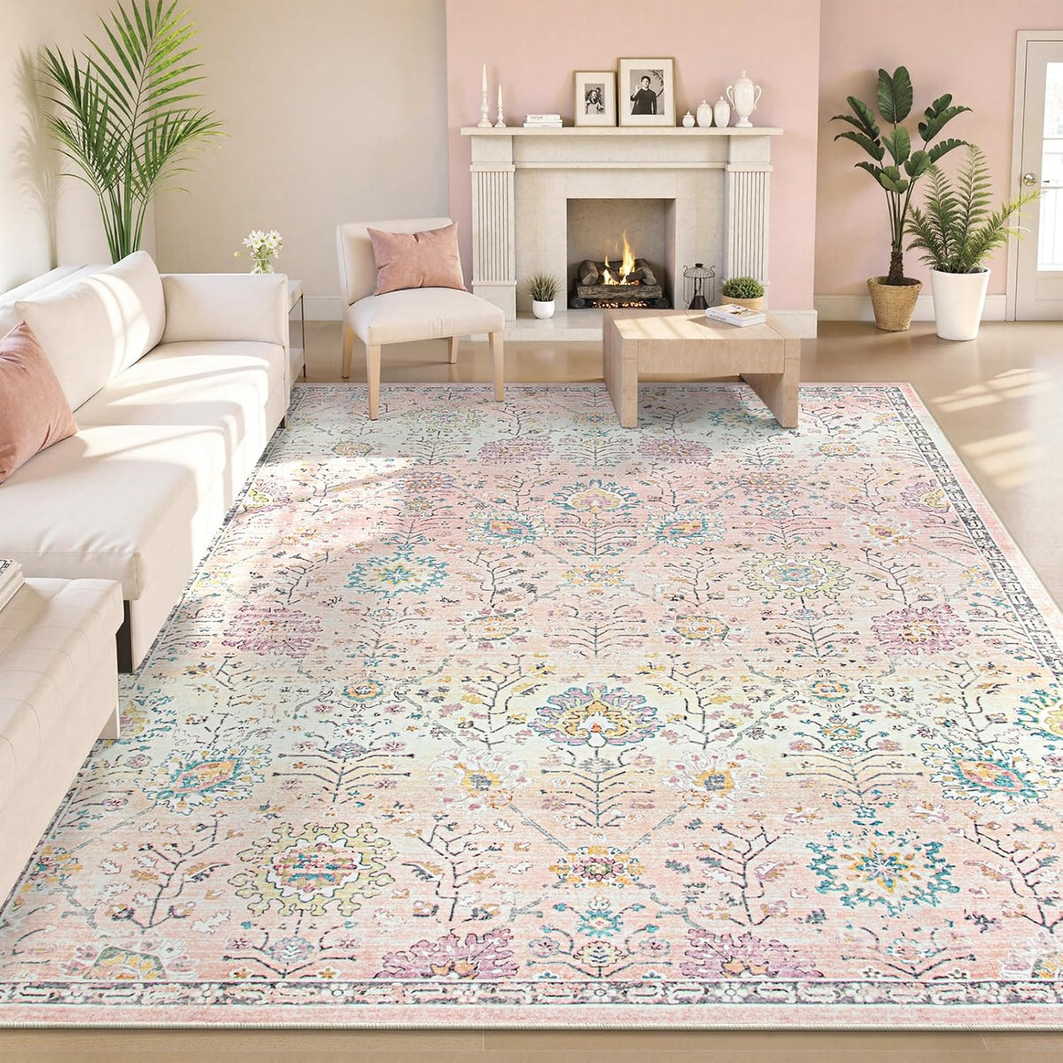 Girls Bedroom Pink Rug 8x10, Soft Washable Floral Classroom Rug, Large Non Slip Blush Carpet for Dorm Room, Playroom and Classroom Decor
