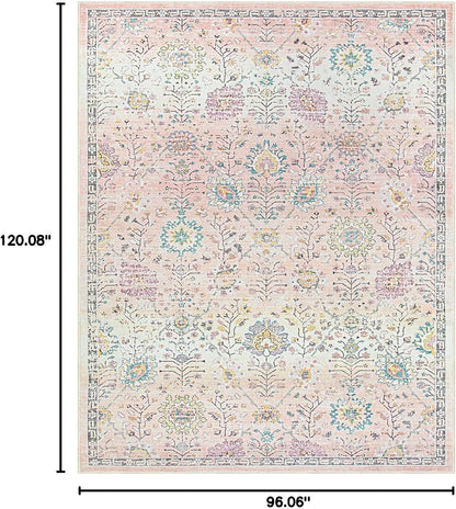 Girls Bedroom Pink Rug 8x10, Soft Washable Floral Classroom Rug, Large Non Slip Blush Carpet for Dorm Room, Playroom and Classroom Decor
