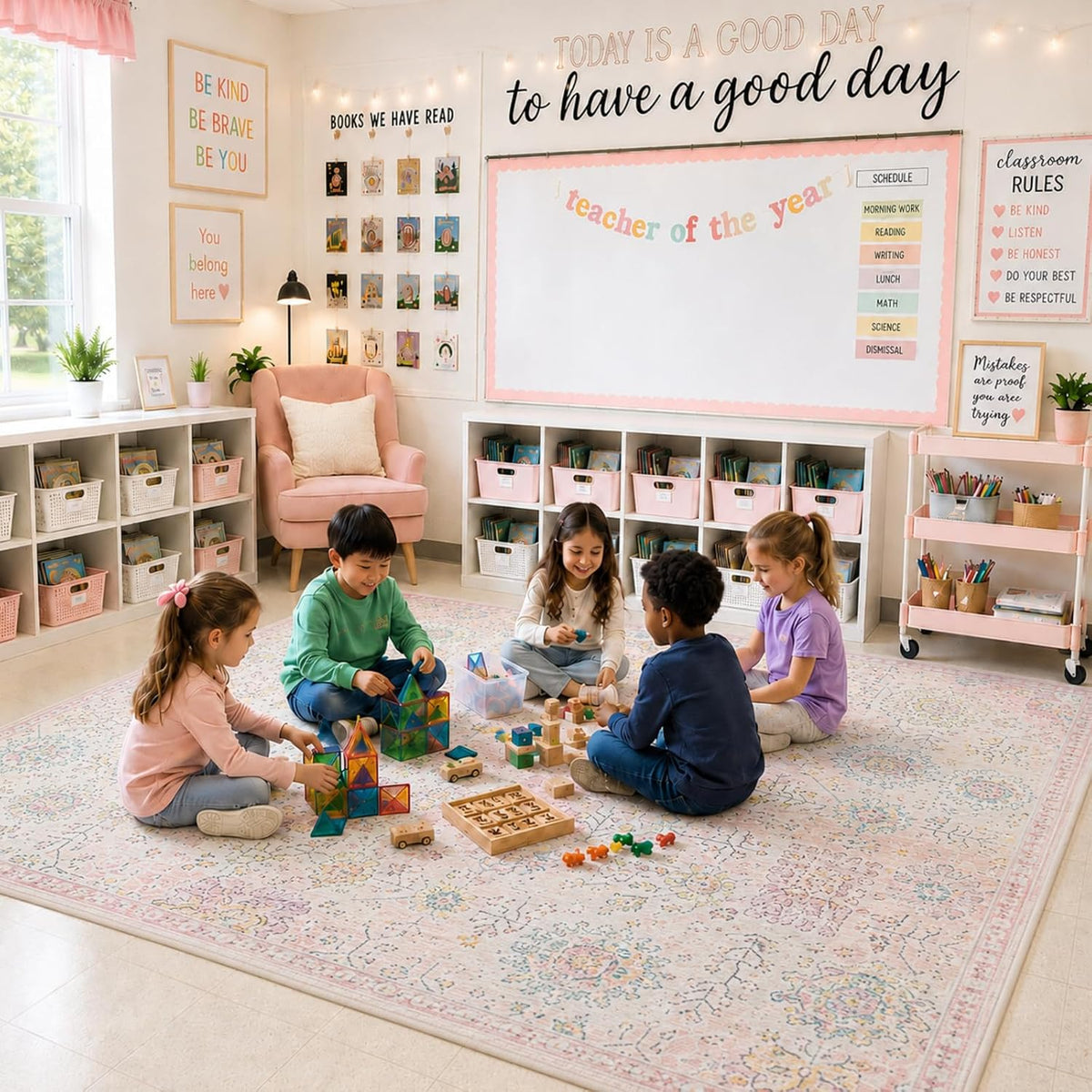 Girls Bedroom Pink Rug 8x10, Soft Washable Floral Classroom Rug, Large Non Slip Blush Carpet for Dorm Room, Playroom and Classroom Decor
