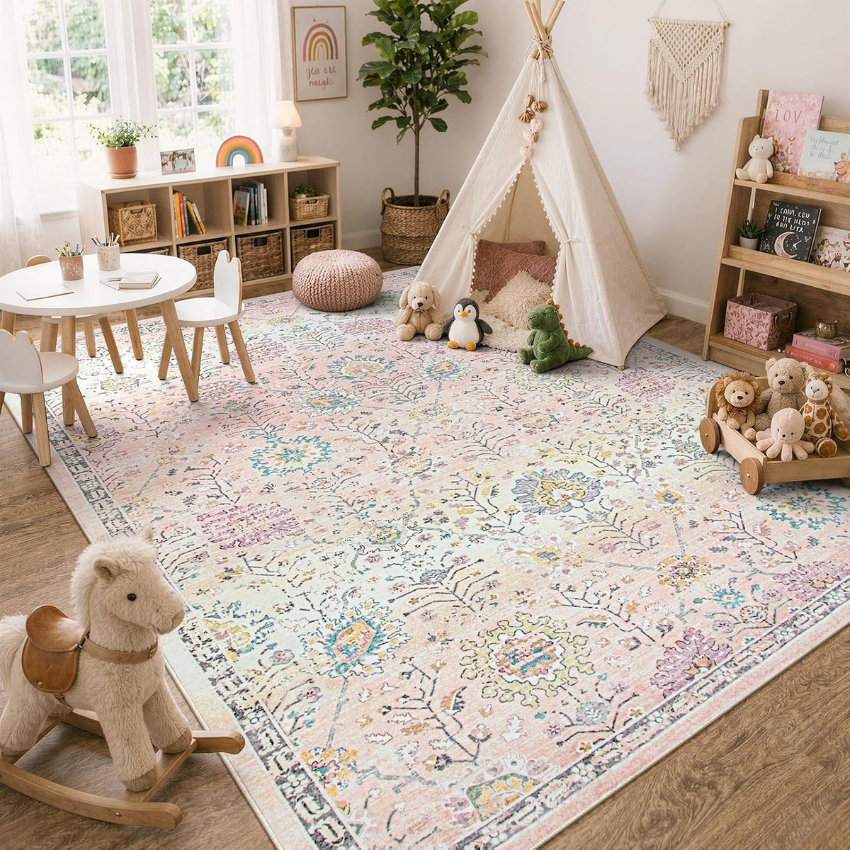 Girls Bedroom Pink Rug 8x10, Soft Washable Floral Classroom Rug, Large Non Slip Blush Carpet for Dorm Room, Playroom and Classroom Decor