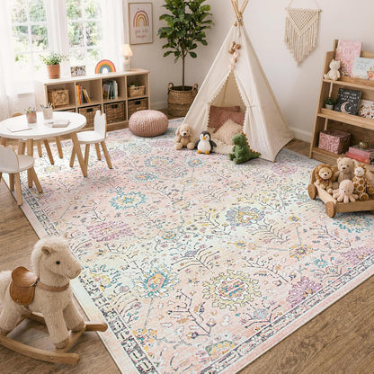 Girls Bedroom Pink Rug 8x10, Soft Washable Floral Classroom Rug, Large Non Slip Blush Carpet for Dorm Room, Playroom and Classroom Decor