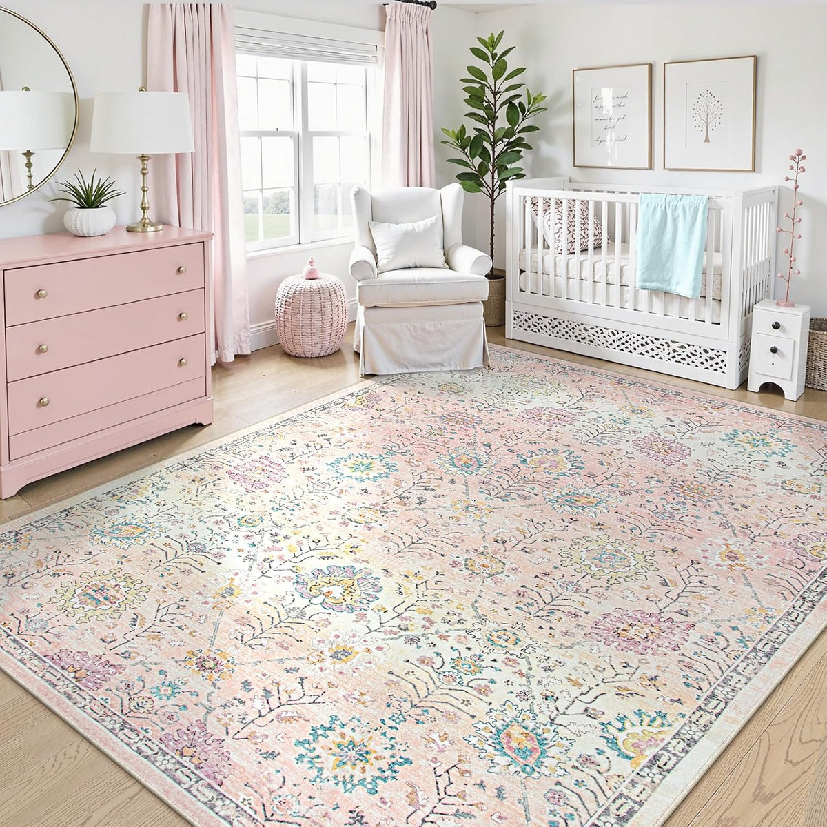 Girls Bedroom Pink Rug 8x10, Soft Washable Floral Classroom Rug, Large Non Slip Blush Carpet for Dorm Room, Playroom and Classroom Decor