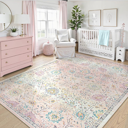Girls Bedroom Pink Rug 8x10, Soft Washable Floral Classroom Rug, Large Non Slip Blush Carpet for Dorm Room, Playroom and Classroom Decor