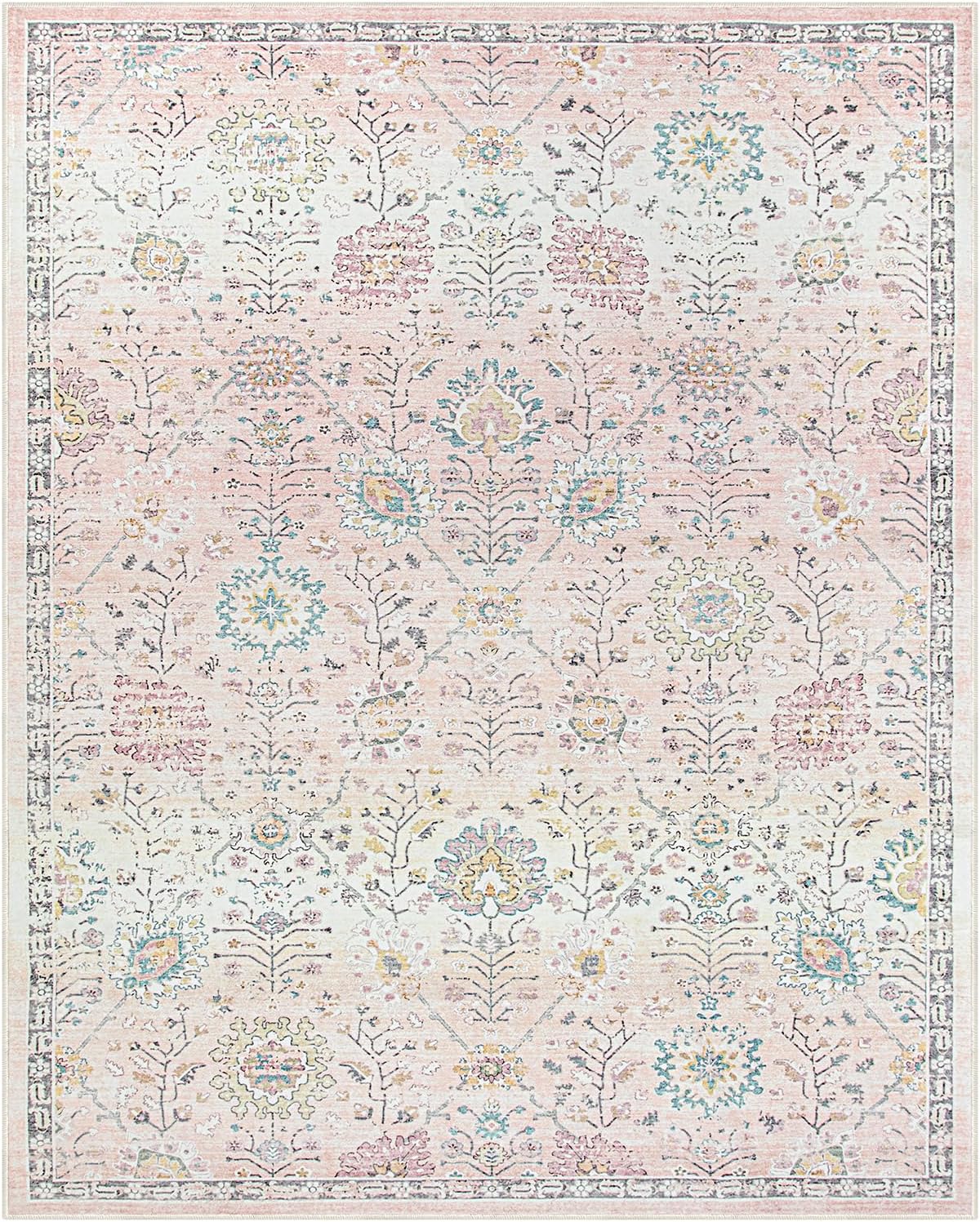 Girls Bedroom Pink Rug 8x10, Soft Washable Floral Classroom Rug, Large Non Slip Blush Carpet for Dorm Room, Playroom and Classroom Decor