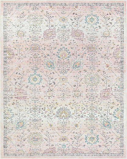 Girls Bedroom Pink Rug 8x10, Soft Washable Floral Classroom Rug, Large Non Slip Blush Carpet for Dorm Room, Playroom and Classroom Decor