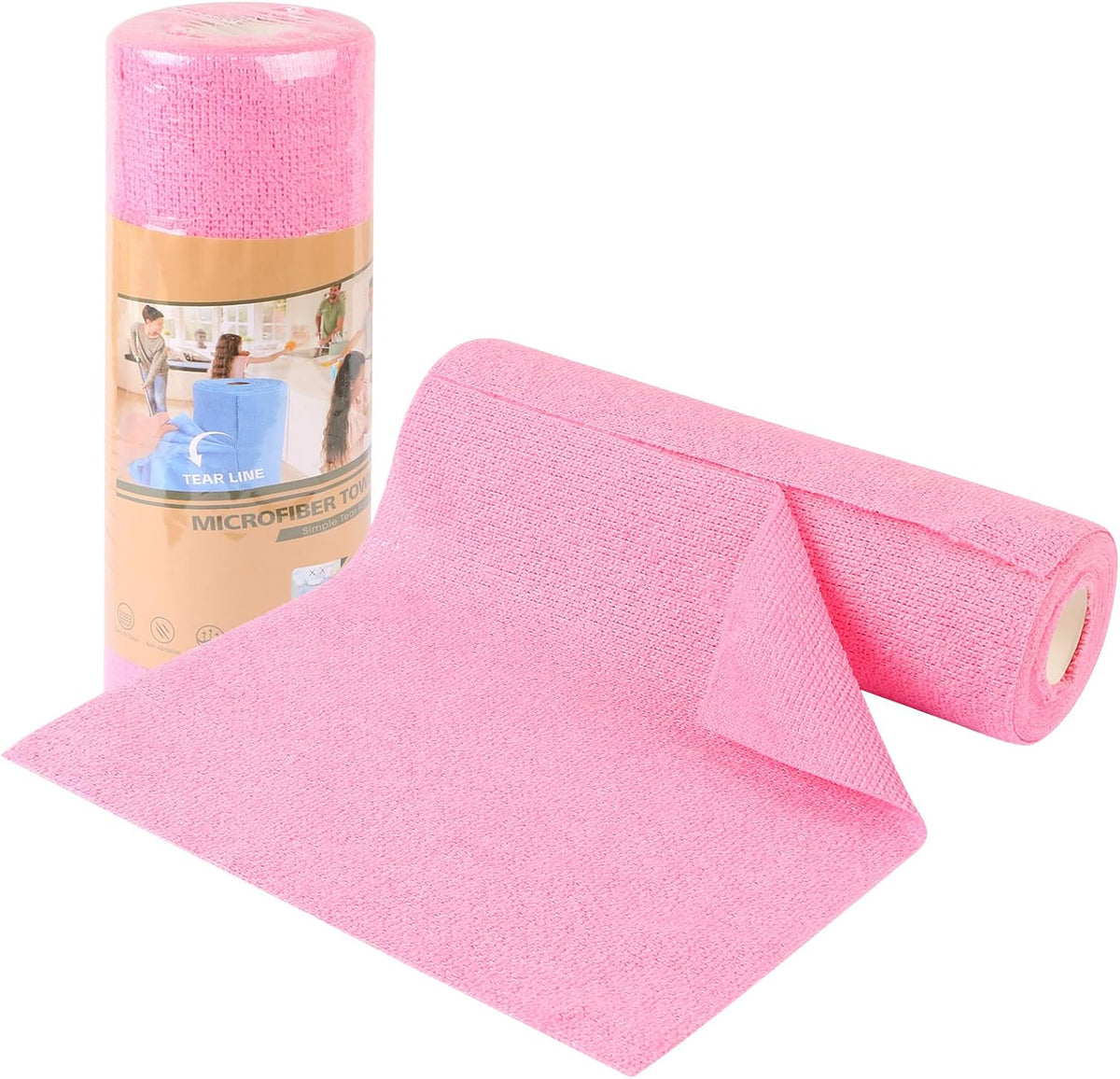 Microfiber Cleaning Cloth Roll, Tear-Away Reusable Towels, 10" x 10" Dish Cloth, 20 Sheets Washable, Lint-Free Microfiber Cloth for Kitchen, Home, Shop, Cleaning Supplies (Pink)