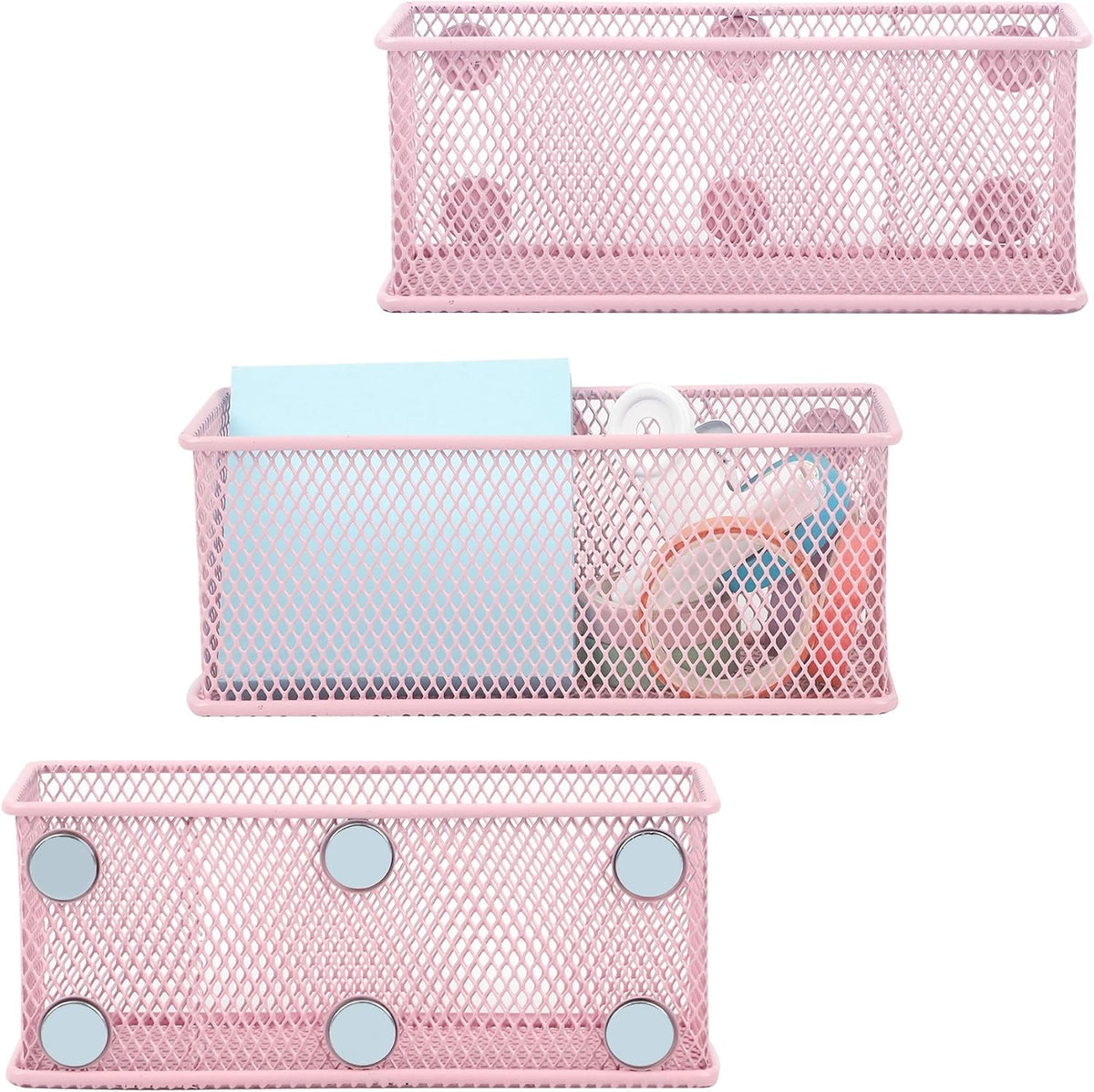 Magnetic Pencil Holder Set of 3 - Wire Mesh Storage Baskets Organizer with Strong Magnets - Perfect for Whiteboard, Refrigerator and Locker Accessories, Pink
