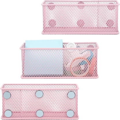 Magnetic Pencil Holder Set of 3 - Wire Mesh Storage Baskets Organizer with Strong Magnets - Perfect for Whiteboard, Refrigerator and Locker Accessories, Pink