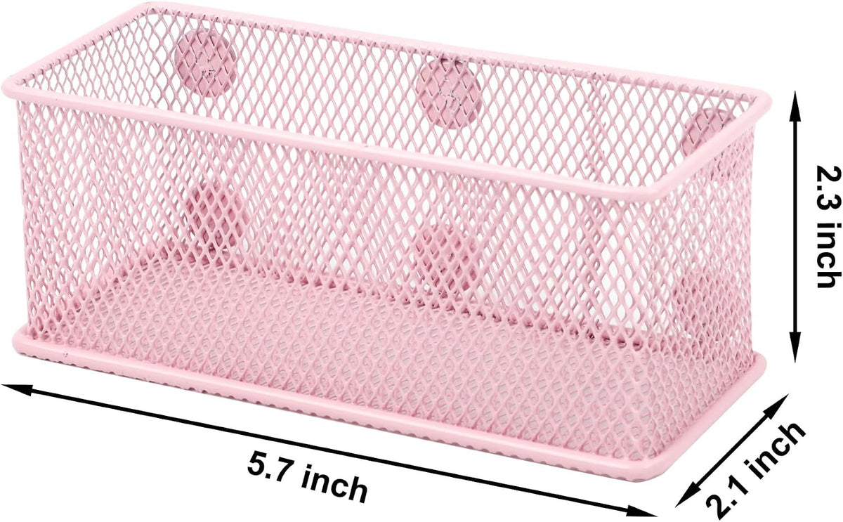 Magnetic Pencil Holder Set of 3 - Wire Mesh Storage Baskets Organizer with Strong Magnets - Perfect for Whiteboard, Refrigerator and Locker Accessories, Pink