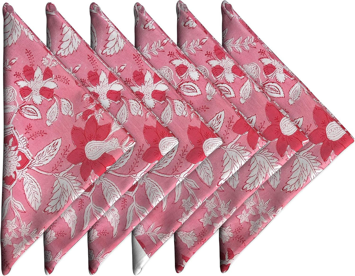 Cotton Dinner Napkins 18x18 inches - Washable Cloth Napkins Set of 6 - Everyday Use or Dinner Party and Events - Pink Lighweight Indian Block Printed Fabric