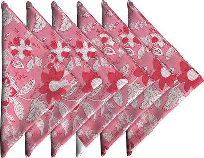Cotton Dinner Napkins 18x18 inches - Washable Cloth Napkins Set of 6 - Everyday Use or Dinner Party and Events - Pink Lighweight Indian Block Printed Fabric