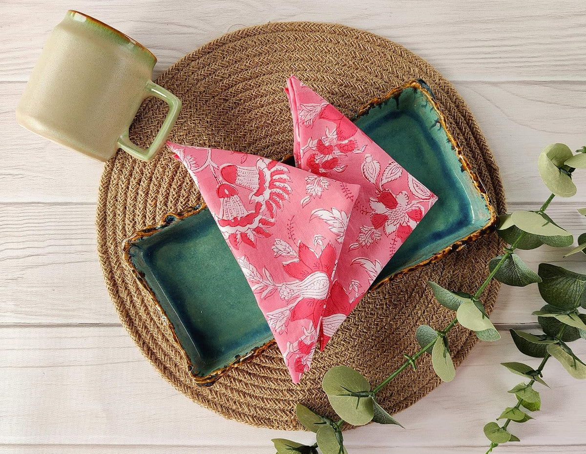 Cotton Dinner Napkins 18x18 inches - Washable Cloth Napkins Set of 6 - Everyday Use or Dinner Party and Events - Pink Lighweight Indian Block Printed Fabric