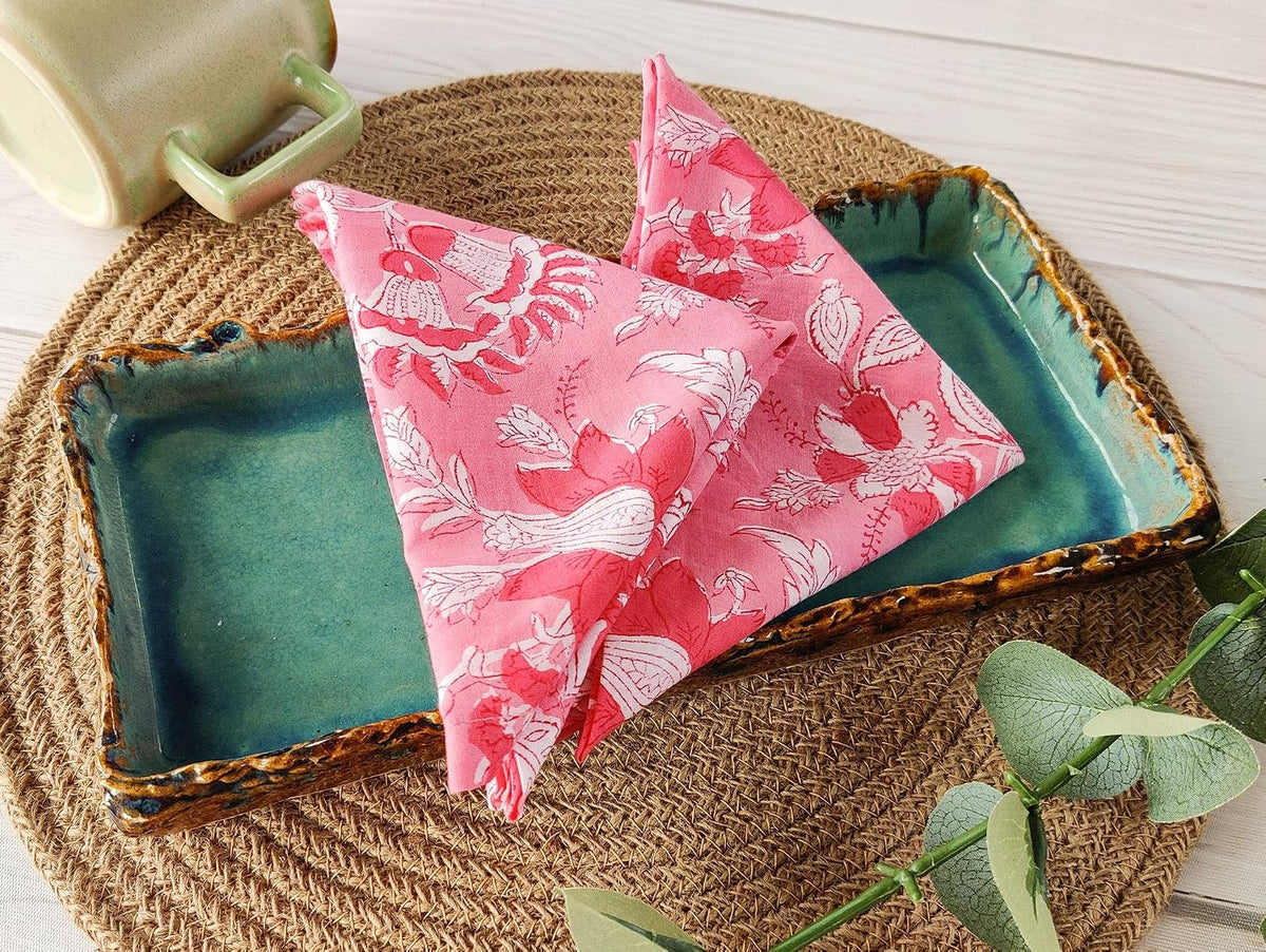 Cotton Dinner Napkins 18x18 inches - Washable Cloth Napkins Set of 6 - Everyday Use or Dinner Party and Events - Pink Lighweight Indian Block Printed Fabric