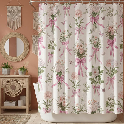 Boho Floral Shower Curtain Pink Bow Wildflower Shower Curtain, Elegant Botanical Floral Leaf Bathroom Decor Flower Plants Bath Curtains, Waterproof Farmhouse Bathroom Curtains, Pink-1 69X70 Inch