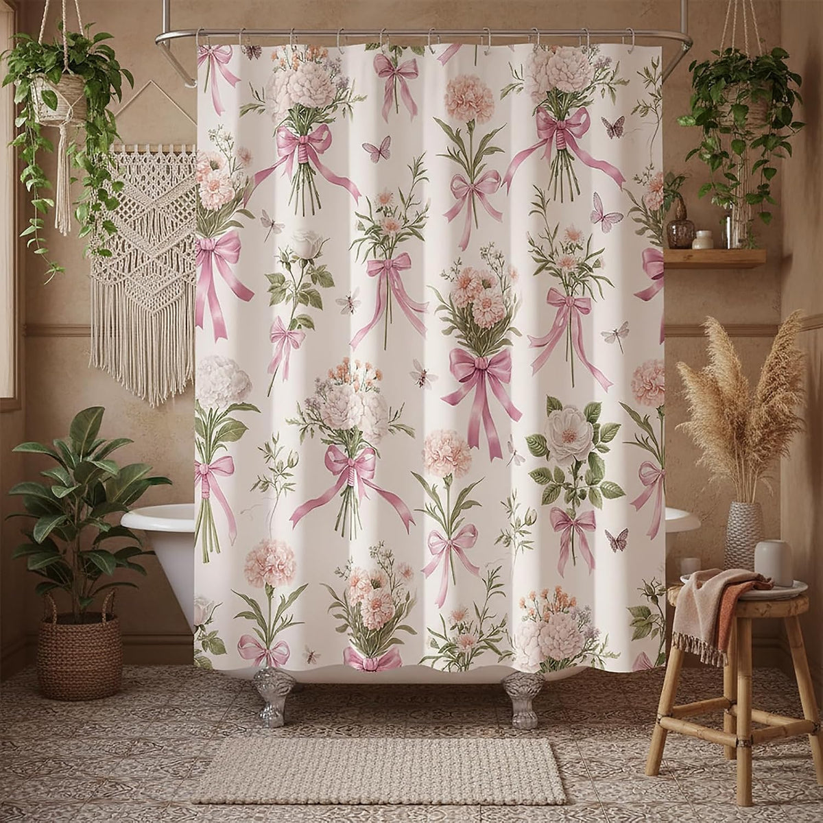 Boho Floral Shower Curtain Pink Bow Wildflower Shower Curtain, Elegant Botanical Floral Leaf Bathroom Decor Flower Plants Bath Curtains, Waterproof Farmhouse Bathroom Curtains, Pink-1 69X70 Inch