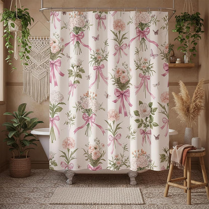Boho Floral Shower Curtain Pink Bow Wildflower Shower Curtain, Elegant Botanical Floral Leaf Bathroom Decor Flower Plants Bath Curtains, Waterproof Farmhouse Bathroom Curtains, Pink-1 69X70 Inch