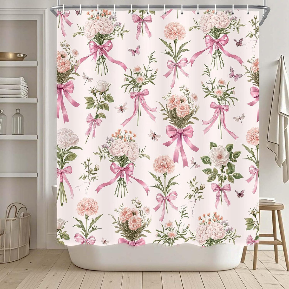 Boho Floral Shower Curtain Pink Bow Wildflower Shower Curtain, Elegant Botanical Floral Leaf Bathroom Decor Flower Plants Bath Curtains, Waterproof Farmhouse Bathroom Curtains, Pink-1 69X70 Inch