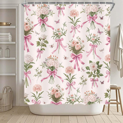 Boho Floral Shower Curtain Pink Bow Wildflower Shower Curtain, Elegant Botanical Floral Leaf Bathroom Decor Flower Plants Bath Curtains, Waterproof Farmhouse Bathroom Curtains, Pink-1 69X70 Inch