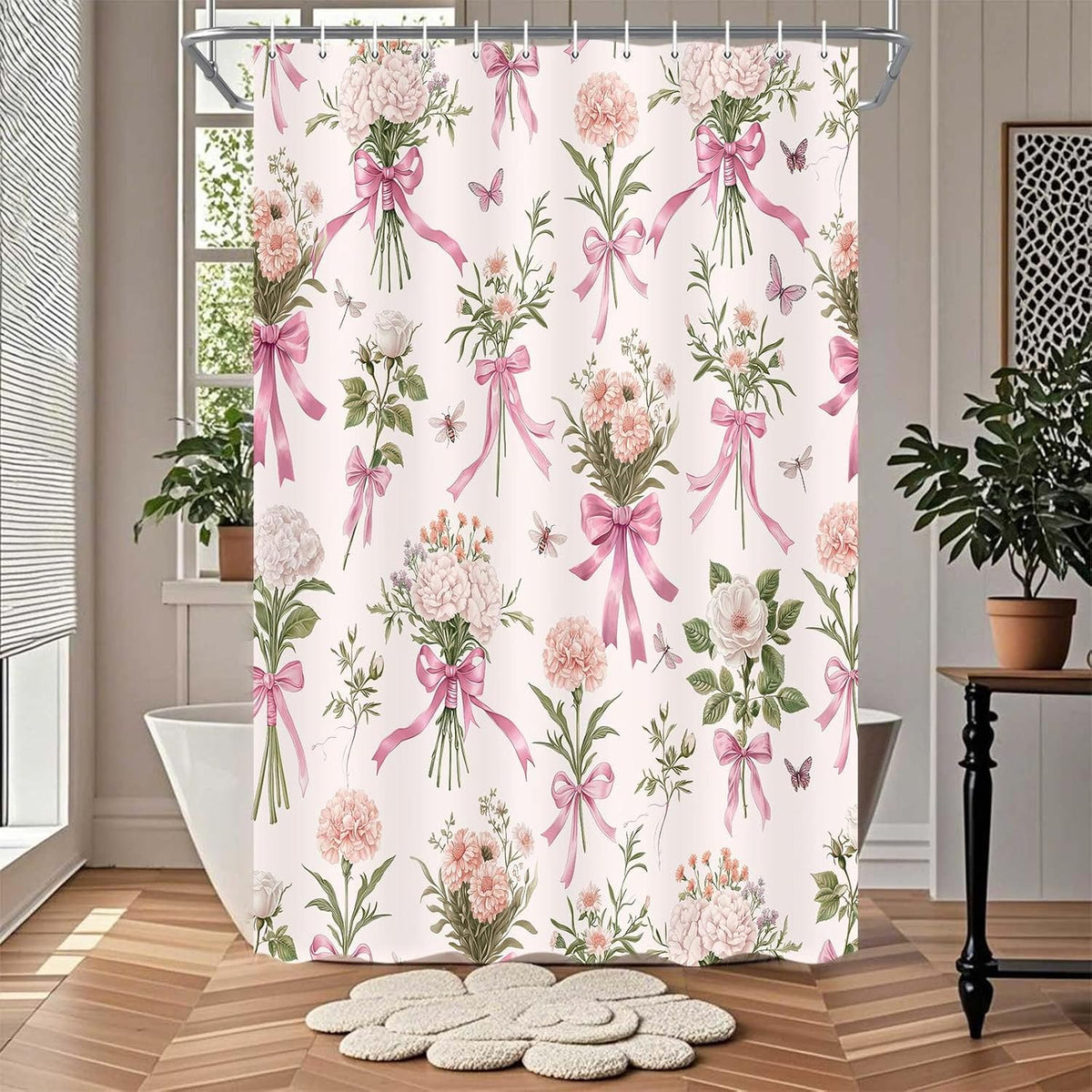 Boho Floral Shower Curtain Pink Bow Wildflower Shower Curtain, Elegant Botanical Floral Leaf Bathroom Decor Flower Plants Bath Curtains, Waterproof Farmhouse Bathroom Curtains, Pink-1 69X70 Inch