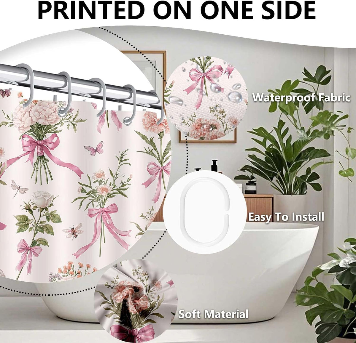 Boho Floral Shower Curtain Pink Bow Wildflower Shower Curtain, Elegant Botanical Floral Leaf Bathroom Decor Flower Plants Bath Curtains, Waterproof Farmhouse Bathroom Curtains, Pink-1 69X70 Inch