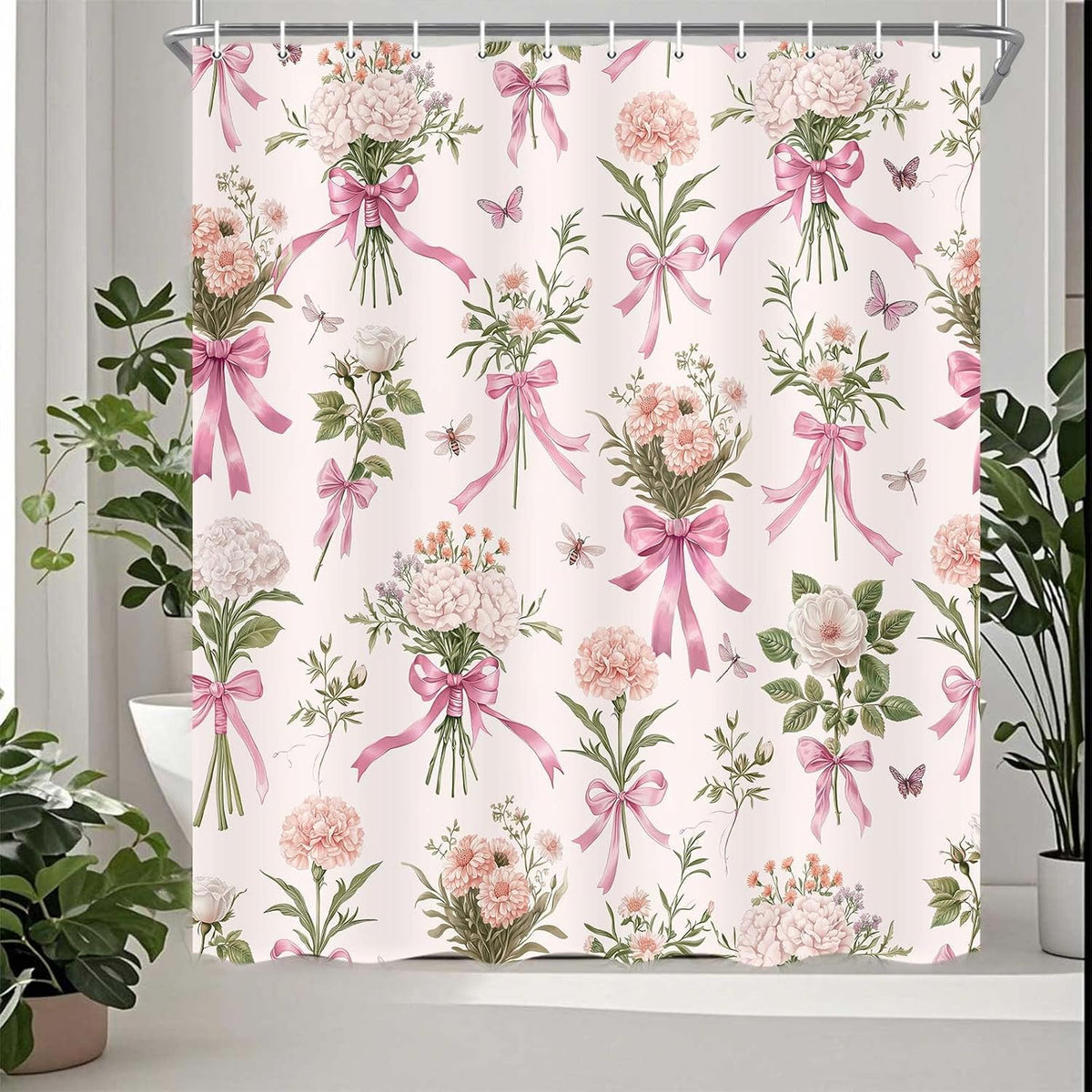 Boho Floral Shower Curtain Pink Bow Wildflower Shower Curtain, Elegant Botanical Floral Leaf Bathroom Decor Flower Plants Bath Curtains, Waterproof Farmhouse Bathroom Curtains, Pink-1 69X70 Inch