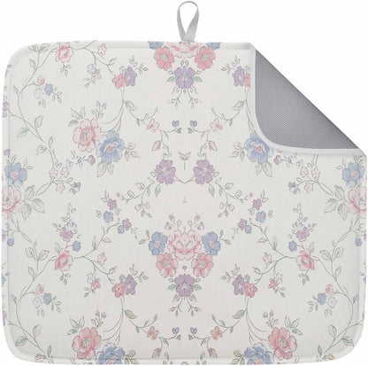 Blue Purple Flowers Dish Drying Mat, Rustic Light Purple Blue Pink Floral Absorbent Dish Drainer, Dish Drying Pads for Sink, Draining Rack, Kitchen Counter, Coffee Bar, 18"x24", 1PC