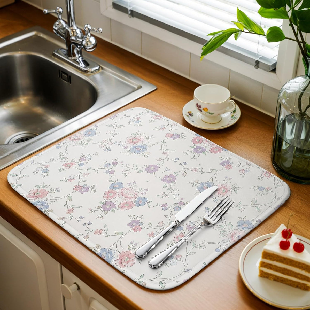 Blue Purple Flowers Dish Drying Mat, Rustic Light Purple Blue Pink Floral Absorbent Dish Drainer, Dish Drying Pads for Sink, Draining Rack, Kitchen Counter, Coffee Bar, 18"x24", 1PC