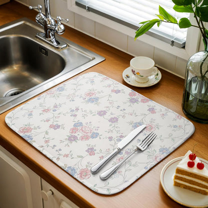 Blue Purple Flowers Dish Drying Mat, Rustic Light Purple Blue Pink Floral Absorbent Dish Drainer, Dish Drying Pads for Sink, Draining Rack, Kitchen Counter, Coffee Bar, 18"x24", 1PC