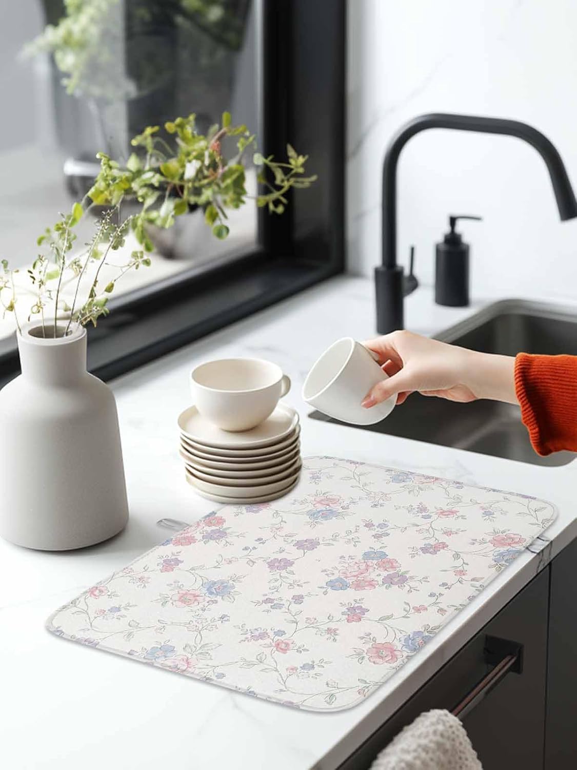 Blue Purple Flowers Dish Drying Mat, Rustic Light Purple Blue Pink Floral Absorbent Dish Drainer, Dish Drying Pads for Sink, Draining Rack, Kitchen Counter, Coffee Bar, 18"x24", 1PC