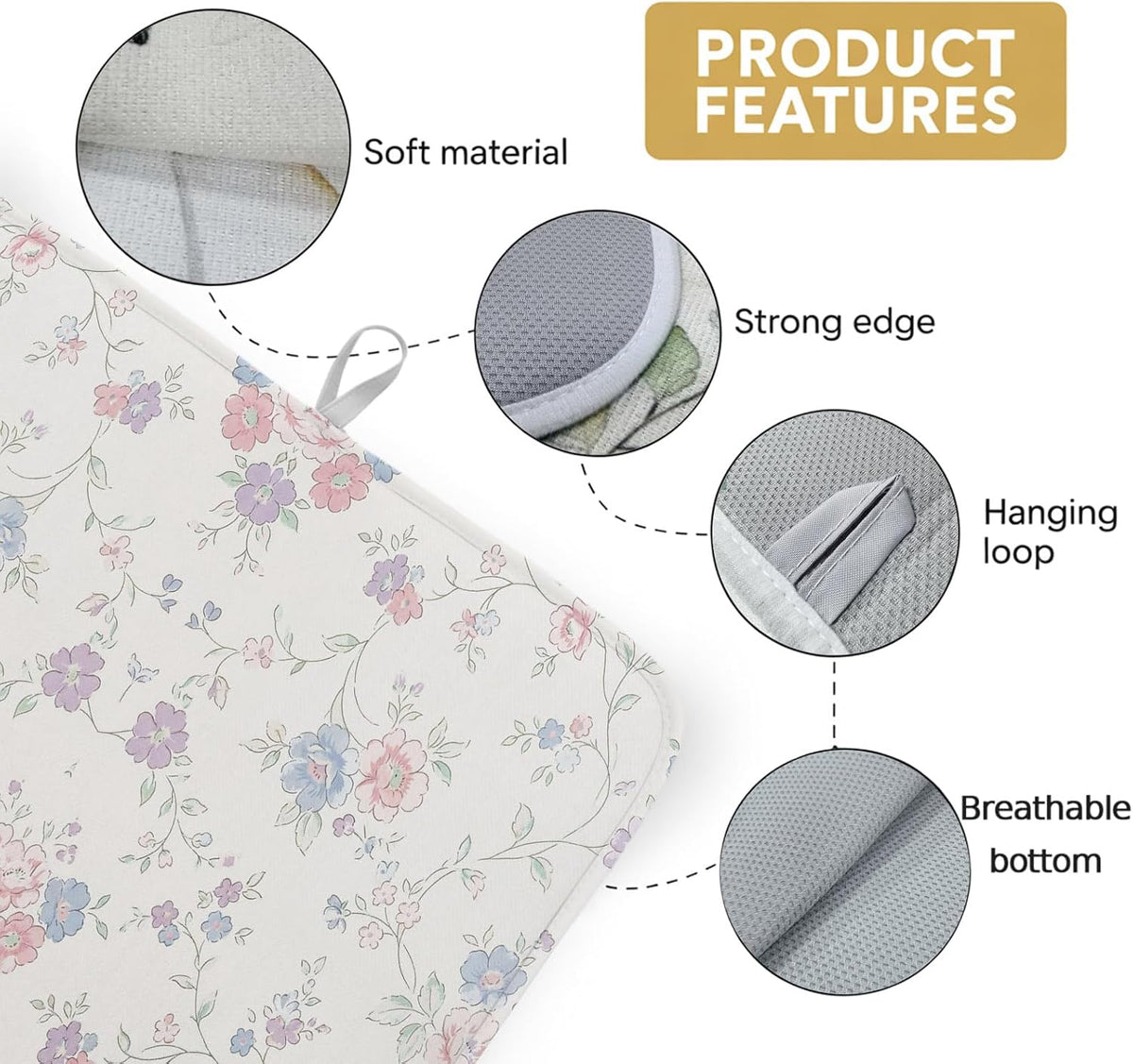 Blue Purple Flowers Dish Drying Mat, Rustic Light Purple Blue Pink Floral Absorbent Dish Drainer, Dish Drying Pads for Sink, Draining Rack, Kitchen Counter, Coffee Bar, 18"x24", 1PC