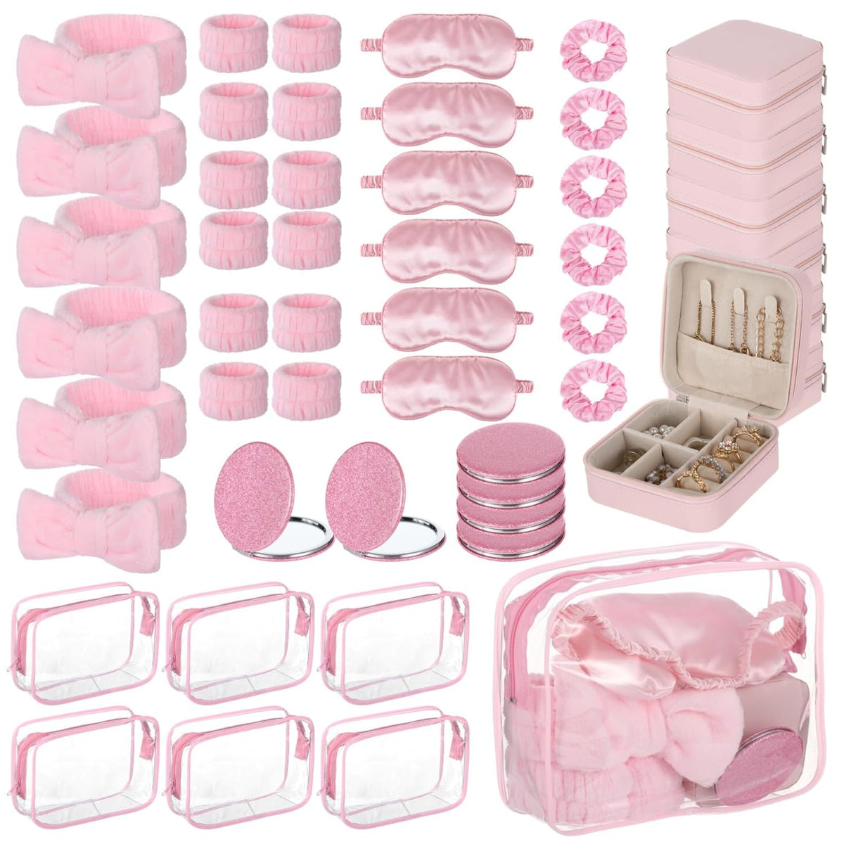 6 Sets Pink Spa Party Supplies for Women, Spa Favor Kit with Jewelry Box Headband Eye Mask Glitter Mirror Hair Tie Clear Zipper Bag, DIY Spas Present Set for Sleepover Bridal Shower Slumber Party