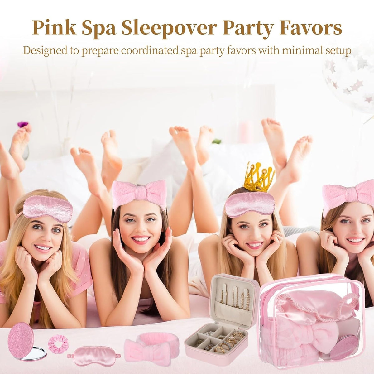 6 Sets Pink Spa Party Supplies for Women, Spa Favor Kit with Jewelry Box Headband Eye Mask Glitter Mirror Hair Tie Clear Zipper Bag, DIY Spas Present Set for Sleepover Bridal Shower Slumber Party