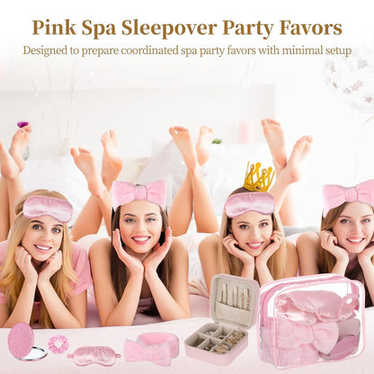6 Sets Pink Spa Party Supplies for Women, Spa Favor Kit with Jewelry Box Headband Eye Mask Glitter Mirror Hair Tie Clear Zipper Bag, DIY Spas Present Set for Sleepover Bridal Shower Slumber Party