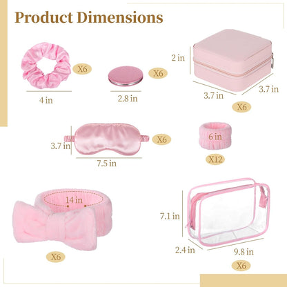 6 Sets Pink Spa Party Supplies for Women, Spa Favor Kit with Jewelry Box Headband Eye Mask Glitter Mirror Hair Tie Clear Zipper Bag, DIY Spas Present Set for Sleepover Bridal Shower Slumber Party