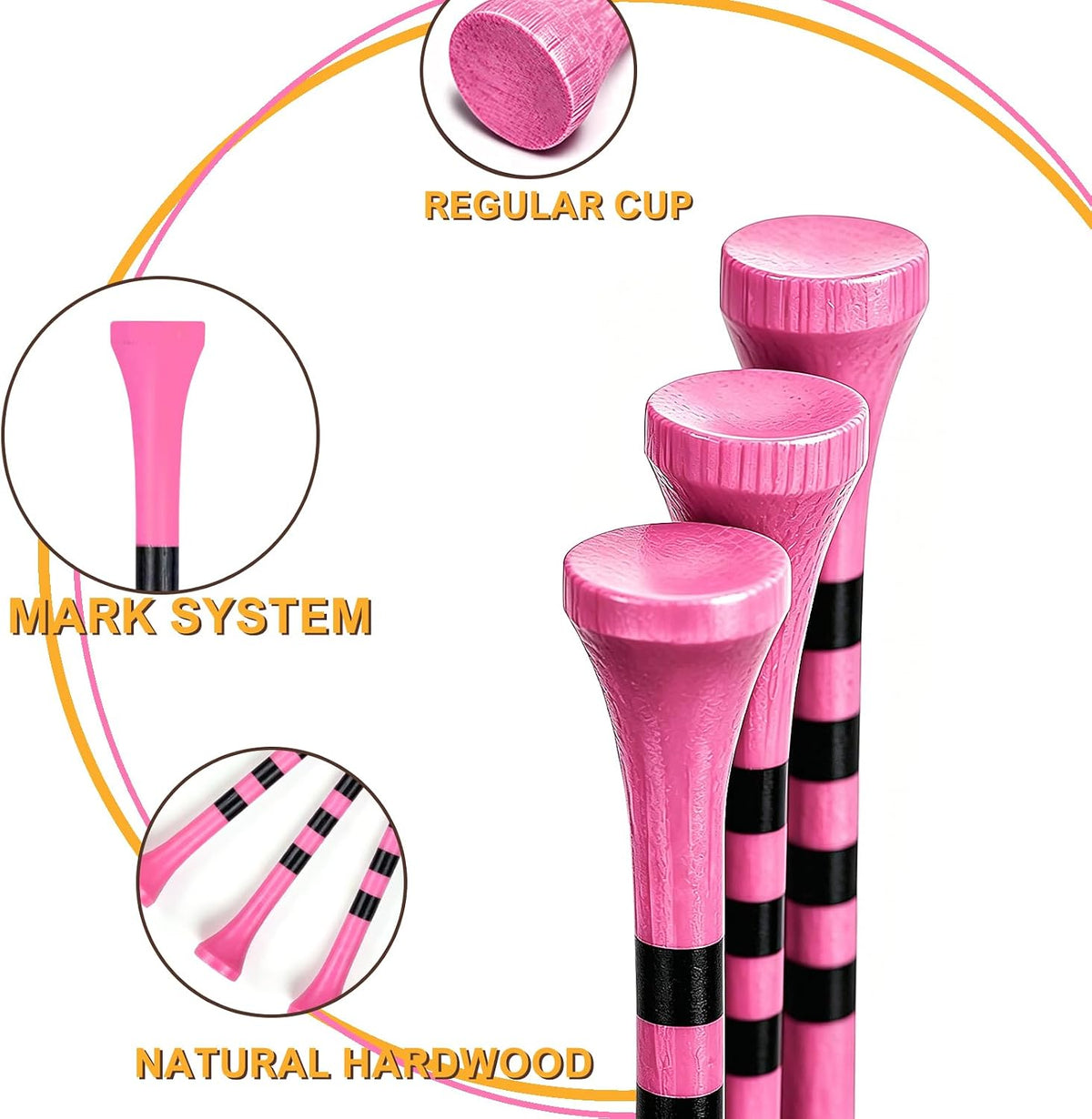 Wooden Golf Tees 3-1/4", 2-3/4", 2-1/8", 1-1/2" Available, 100 Count (Natural Color, White, Black, Blue, Red, Green, Yellow, Pink, Orange)