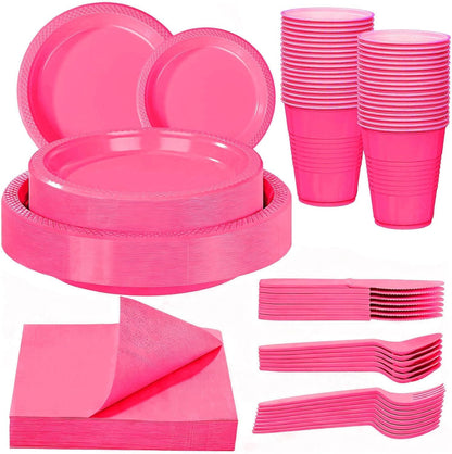 210Pcs Hot Pink Plastic Plates, Pink Disposable Plates for Party