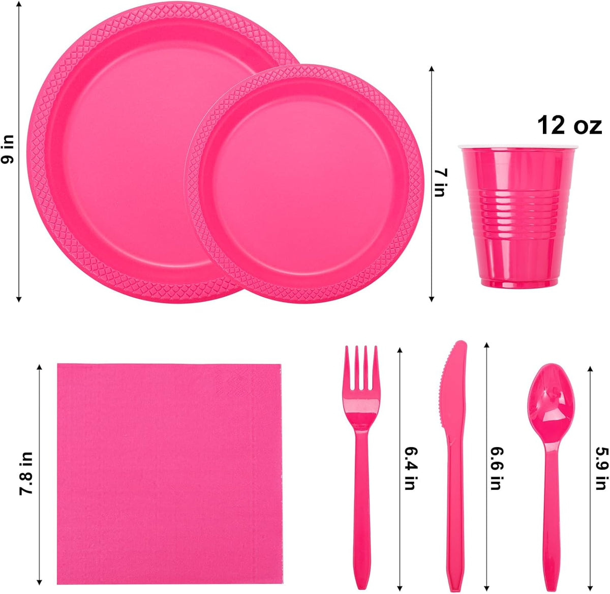 210Pcs Hot Pink Plastic Plates, Pink Disposable Plates for Party