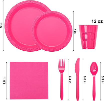 210Pcs Hot Pink Plastic Plates, Pink Disposable Plates for Party